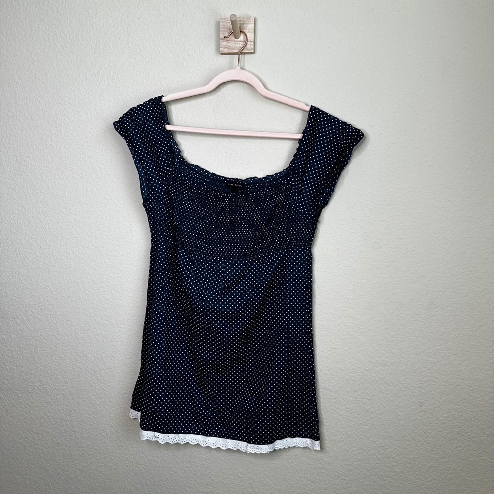 Fang Navy Blue Polka Dot Smocked Top Square Neck Eyelet Lace Trim XL